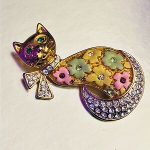 Colorful Cat Brooch with Crystals